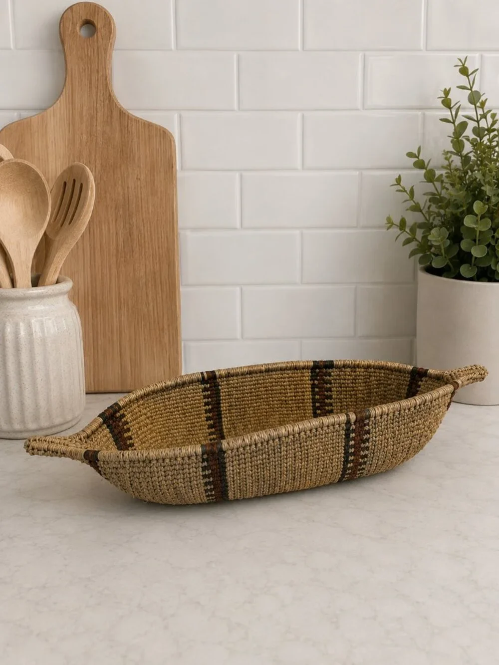 Vintage Ethiopian Handwoven Seagrass Canoe Bread Basket Boho Woven Tray